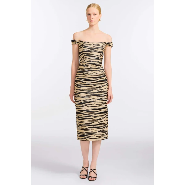 Markarian Amina Zebra-Striped Midi Dress, view 2 | Midi Dresses | Luxury Shoes 