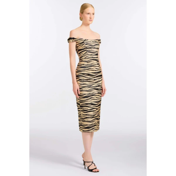 Markarian Amina Zebra-Striped Midi Dress, view 3 | Midi Dresses | Luxury Shoes 