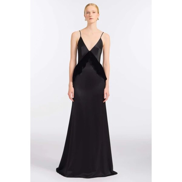 Markarian Neroli Black Satin and Velvet Gown, view 2 | Evening Gowns | Luxury Shoes 