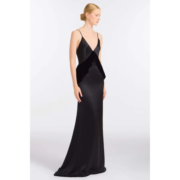 Markarian Neroli Black Satin and Velvet Gown, view 3 | Evening Gowns | Luxury Shoes 