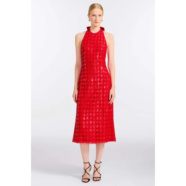 Markarian Ravenna Scarlet Halter Dress, view 4 | Midi Dresses | Luxury Shoes 