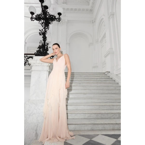 Marmar Halim A-Line Pleated Chiffon Dress With Layers | Evening Gowns | Luxury Shoes 