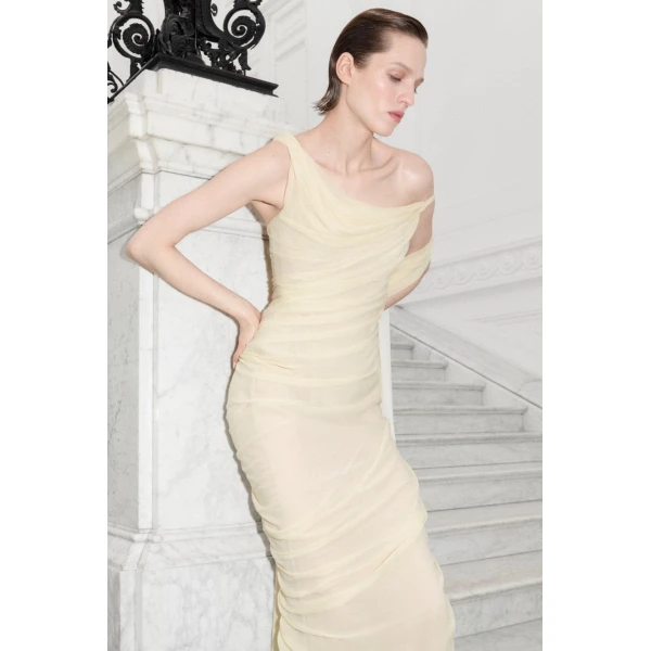 Marmar Halim Asymmetrical Draped Chiffon Dress in Ivory | Evening Gowns | Luxury Shoes 