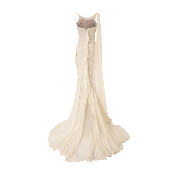 Marmar Halim Asymmetrical Draped Chiffon Dress in Ivory | Evening Gowns | Luxury Shoes 