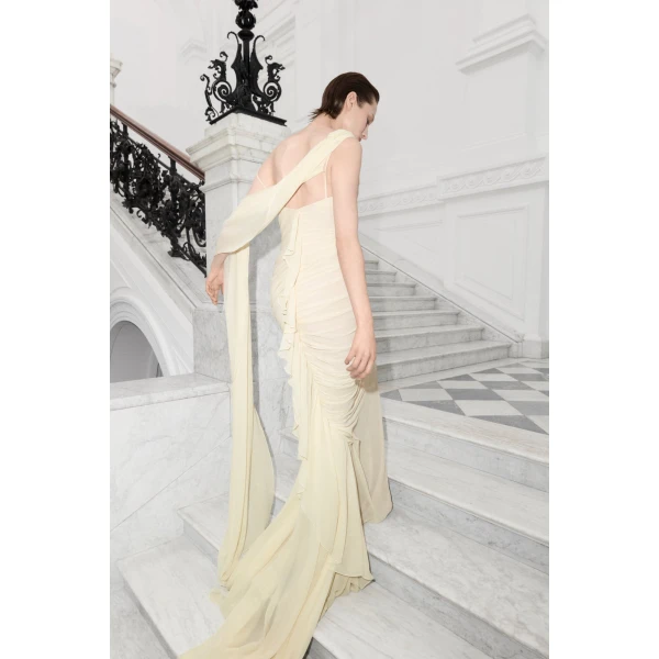 Marmar Halim Asymmetrical Draped Chiffon Dress in Ivory | Evening Gowns | Luxury Shoes 