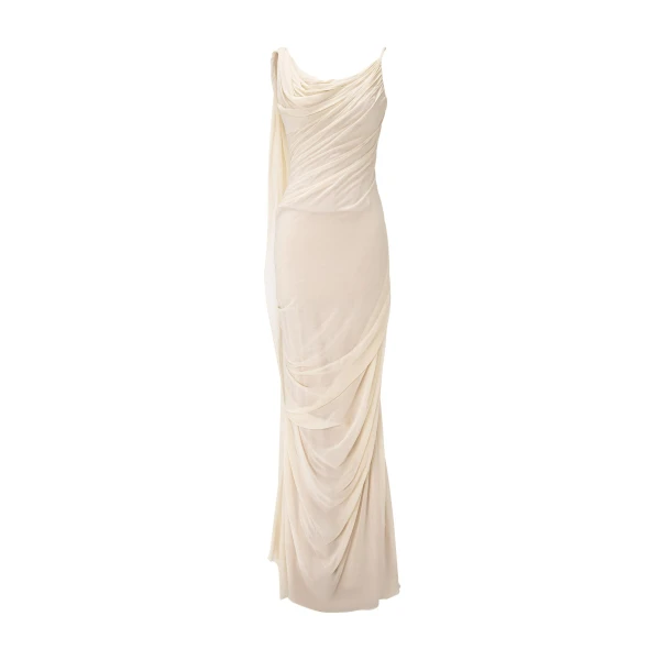 Asymmetrical Draped Chiffon Dress in Ivory