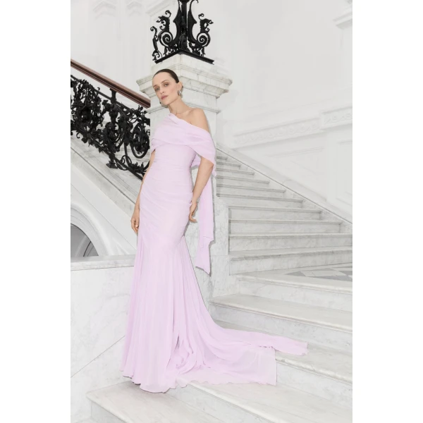 Marmar Halim Asymmetrical Draped Chiffon Dress in Pink | Evening Gowns | Luxury Shoes 