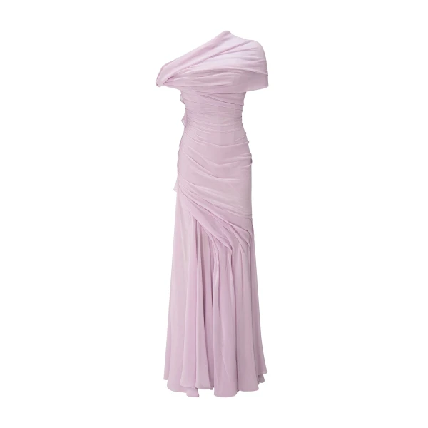 Marmar Halim Asymmetrical Draped Chiffon Dress in Pink | Evening Gowns | Luxury Shoes 