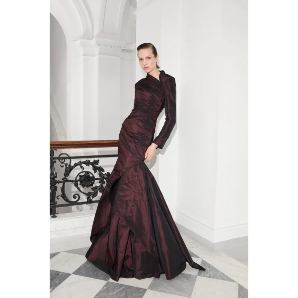 Marmar Halim High-Neck Draped Fish-Cut Taffeta Dress | Evening Gowns | Luxury Shoes 