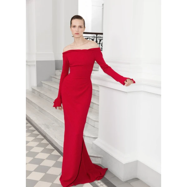 Marmar Halim Off-Shoulder Crepe Dress With Draped Outline | Evening Gowns | Luxury Shoes 