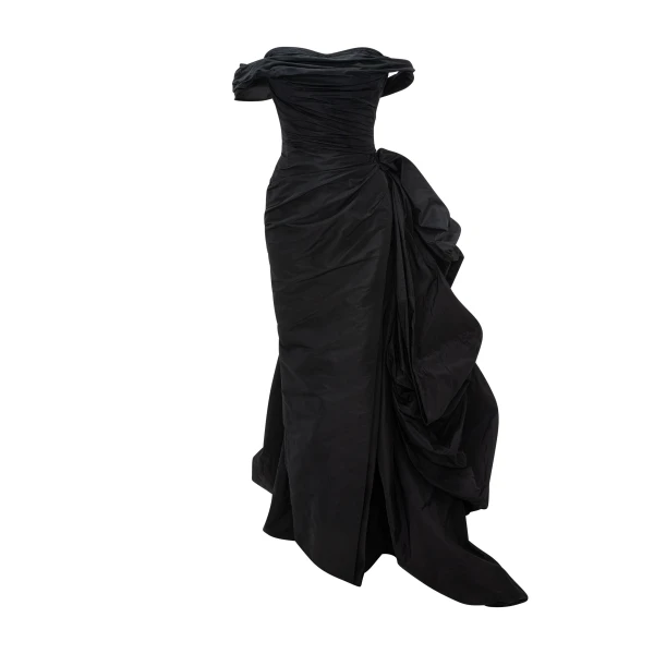 Marmar Halim Off-Shoulder Draped Taffeta Dress With Detachable Over Skirt | Evening Gowns | Luxury Shoes 