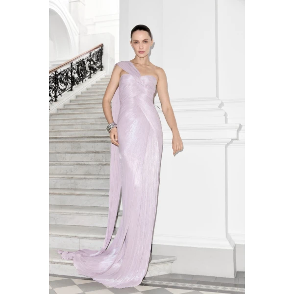 Marmar Halim One-Shoulder Pleated Silk Dress in Lilac | Evening Gowns | Luxury Shoes 