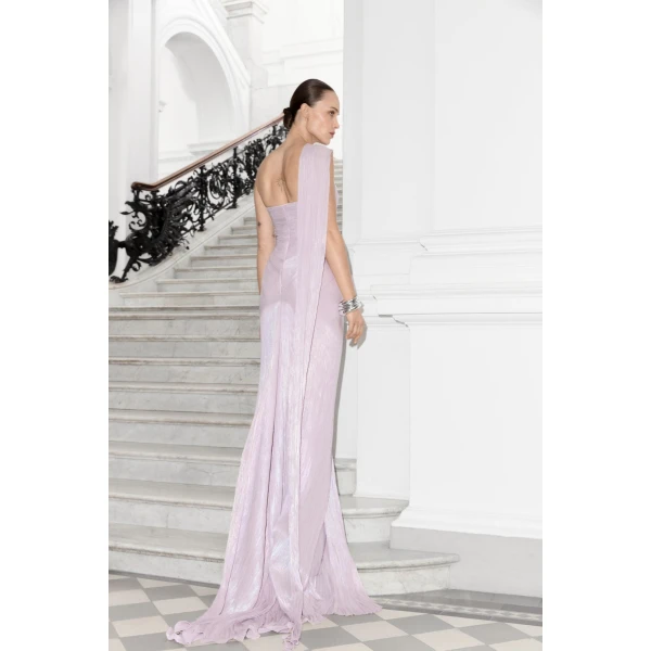 Marmar Halim One-Shoulder Pleated Silk Dress in Lilac | Evening Gowns | Luxury Shoes 