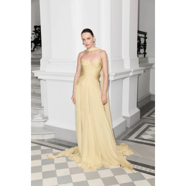 Marmar Halim Strapless Hand-Pleated Silk Chiffon Dress With Cape | Evening Gowns | Luxury Shoes 