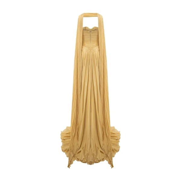 Marmar Halim Strapless Hand-Pleated Silk Chiffon Dress With Cape | Evening Gowns | Luxury Shoes 