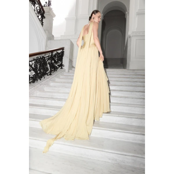 Marmar Halim Strapless Hand-Pleated Silk Chiffon Dress With Cape | Evening Gowns | Luxury Shoes 