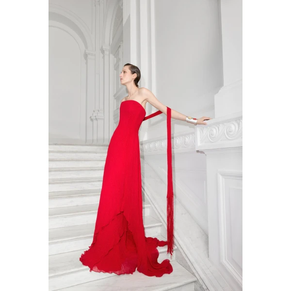 Marmar Halim Strapless Pleated Chiffon Dress With Scarf | Evening Gowns | Luxury Shoes 