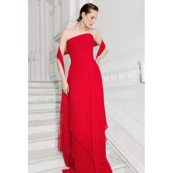 Marmar Halim Strapless Pleated Chiffon Dress With Scarf | Evening Gowns | Luxury Shoes 