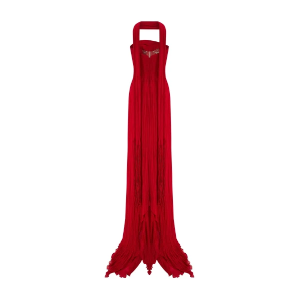 Marmar Halim Strapless Pleated Chiffon Dress With Scarf | Evening Gowns | Luxury Shoes 