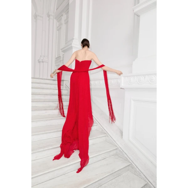 Marmar Halim Strapless Pleated Chiffon Dress With Scarf | Evening Gowns | Luxury Shoes 