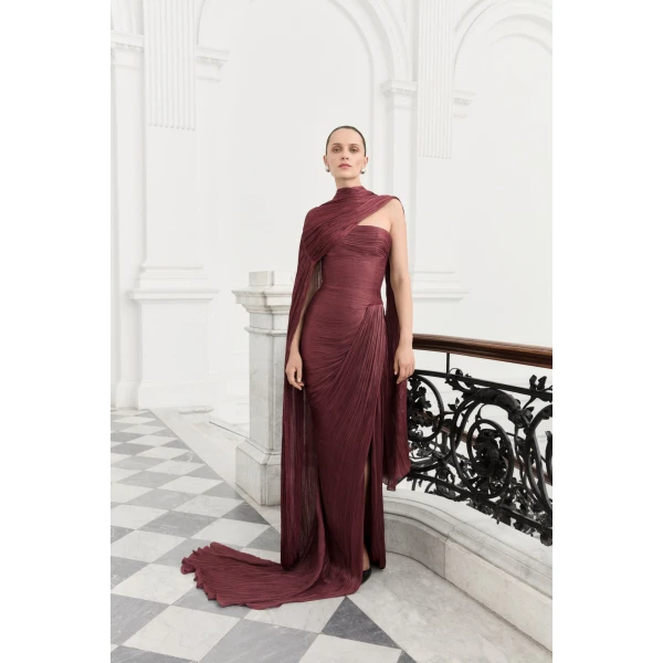 Marmar Halim Strapless Pleated Silk Dress With Cape in Burgundy | Evening Gowns | Luxury Shoes 