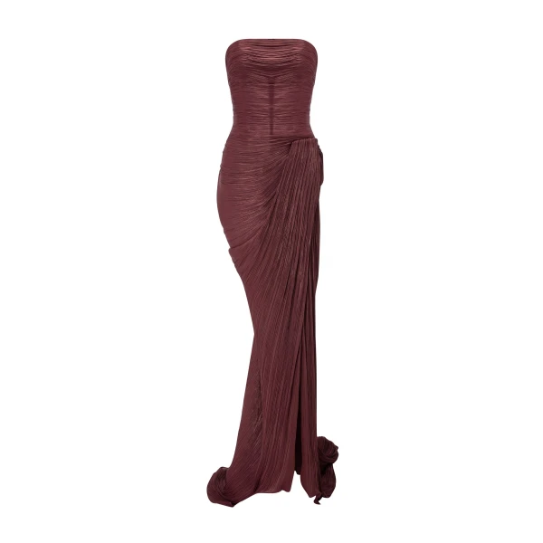 Marmar Halim Strapless Pleated Silk Dress With Cape in Burgundy | Evening Gowns | Luxury Shoes 