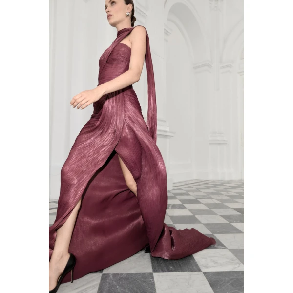 Marmar Halim Strapless Pleated Silk Dress With Cape in Burgundy | Evening Gowns | Luxury Shoes 