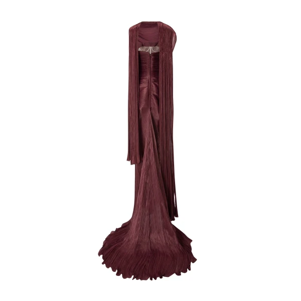 Marmar Halim Strapless Pleated Silk Dress With Cape in Burgundy | Evening Gowns | Luxury Shoes 