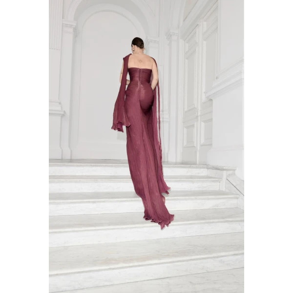 Marmar Halim Strapless Pleated Silk Dress With Cape in Burgundy | Evening Gowns | Luxury Shoes 