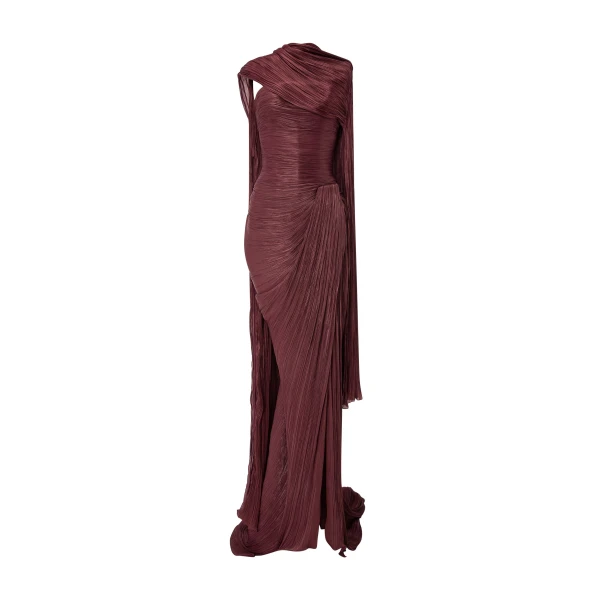 Strapless Pleated Silk Dress With Cape in Burgundy