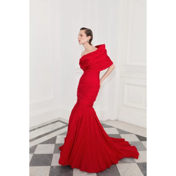 Marmar Halim Strapless Pleated Taffeta Fish-Cut Dress With Cape | Evening Gowns | Luxury Shoes 