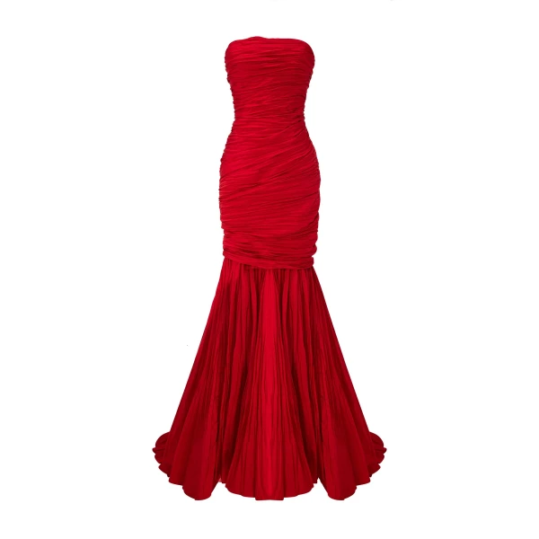 Marmar Halim Strapless Pleated Taffeta Fish-Cut Dress With Cape | Evening Gowns | Luxury Shoes 