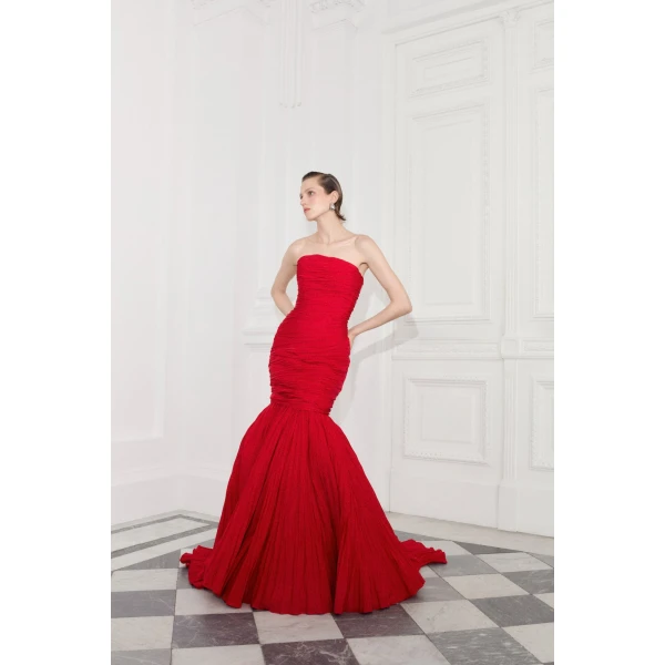 Marmar Halim Strapless Pleated Taffeta Fish-Cut Dress With Cape | Evening Gowns | Luxury Shoes 