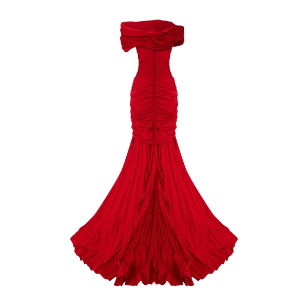 Marmar Halim Strapless Pleated Taffeta Fish-Cut Dress With Cape | Evening Gowns | Luxury Shoes 