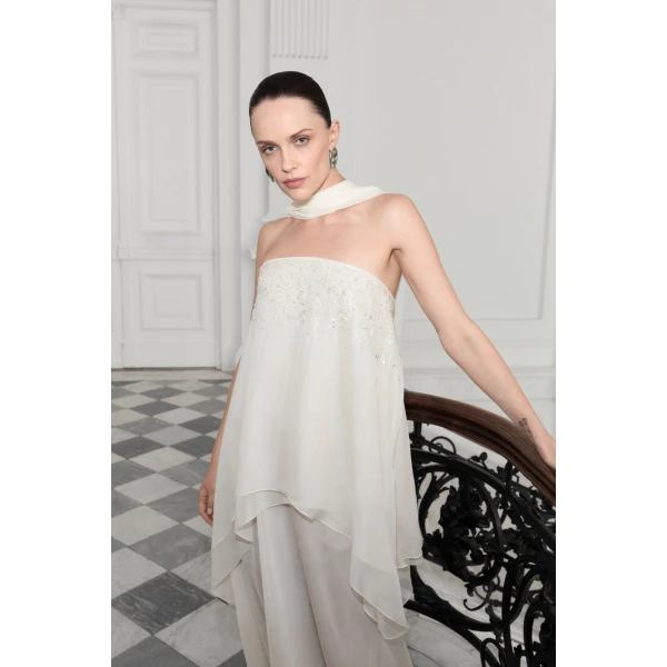 Marmar Halim Strapless Silk Chiffon Dress With Embroidery | Evening Gowns | Luxury Shoes 