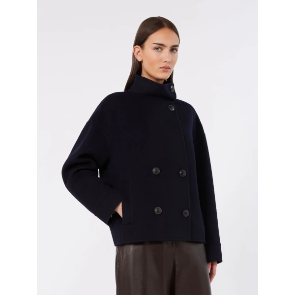 Max Mara Aceri Double Wool, Cashmere and Silk Pea Coat in Navy | Wool Coat | Luxury Shoes 