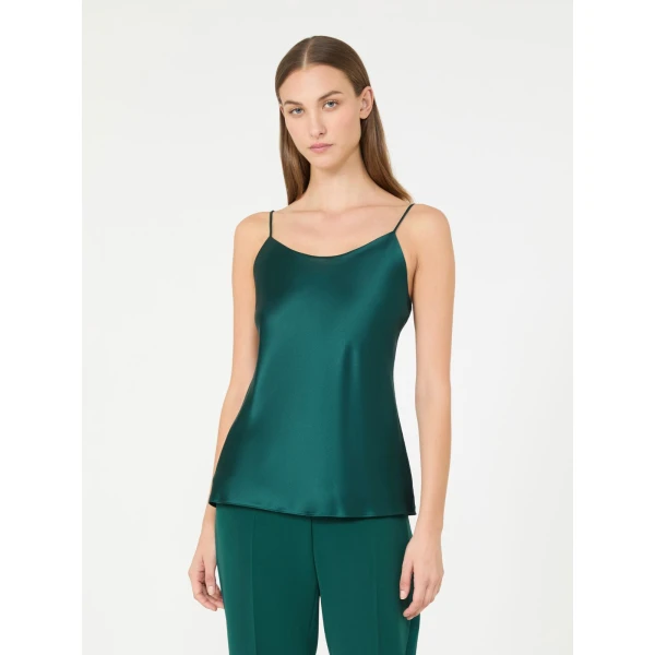Max Mara Aceti Silk Satin Top in Dark Green | Blouse | Luxury Shoes 