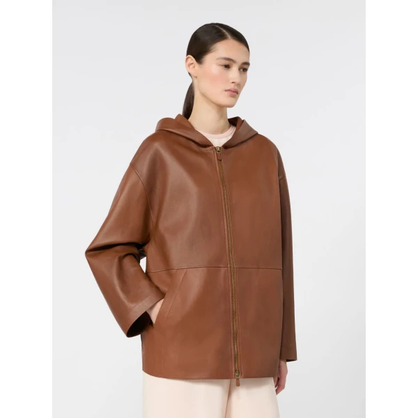 Max Mara Acinoso Nappa Leather Hooded Jacket in Tobacco | Leather Jackets | Luxury Shoes 