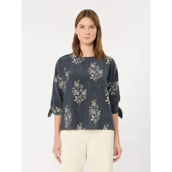 Max Mara Adone Printed Silk Crepe de Chine Blouse in Navy | Blouse | Luxury Shoes 