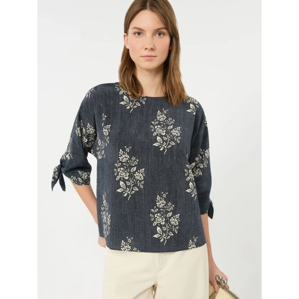 Max Mara Adone Printed Silk Crepe de Chine Blouse in Navy | Blouse | Luxury Shoes 