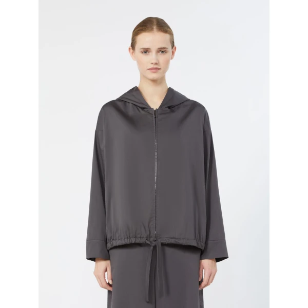 Max Mara Adua Hooded Cotton Satin Blouse in Dark Grey | Blouse | Luxury Shoes 