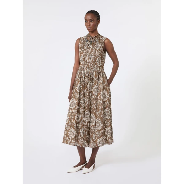 Max Mara Agile Printed Cotton Voile Midi Dress in Brown Gold | Midi Dresses | Luxury Shoes 