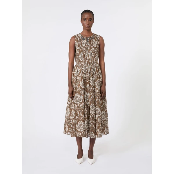 Max Mara Agile Printed Cotton Voile Midi Dress in Brown Gold | Midi Dresses | Luxury Shoes 