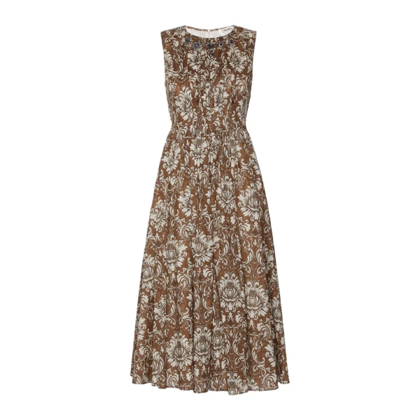 Max Mara Agile Printed Cotton Voile Midi Dress in Brown Gold | Midi Dresses | Luxury Shoes 