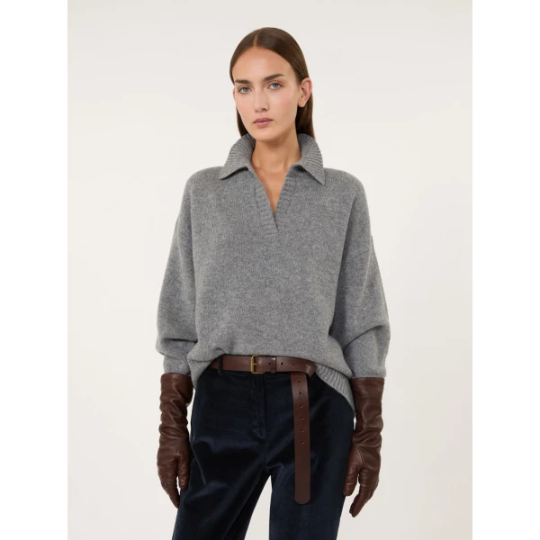 Max Mara Agre Wool Knit Polo Jumper in Medium Grey | Sweaters | Luxury Shoes 