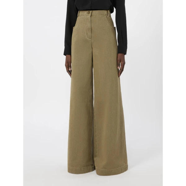 Max Mara Alamaro Coated Cotton Bull Denim Trousers in Khaki | Denim | Luxury Shoes 
