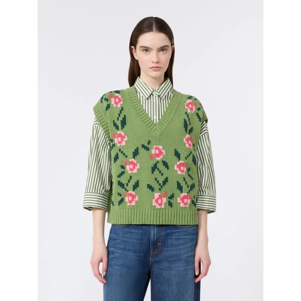 Max Mara Alamaro Intarsia Cotton Blend Gilet in Green | Sweaters | Luxury Shoes 