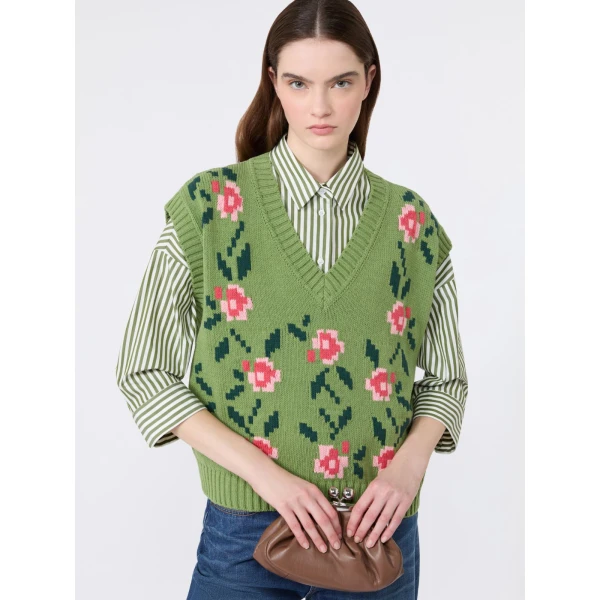 Max Mara Alamaro Intarsia Cotton Blend Gilet in Green | Sweaters | Luxury Shoes 