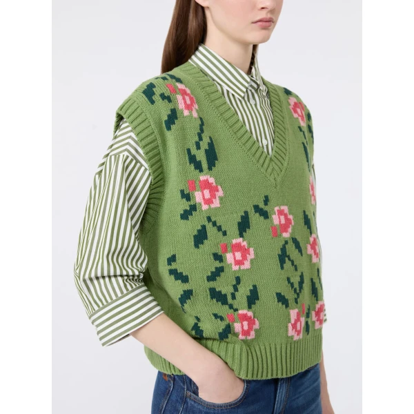 Max Mara Alamaro Intarsia Cotton Blend Gilet in Green | Sweaters | Luxury Shoes 