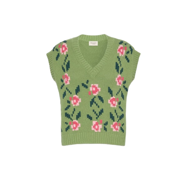 Max Mara Alamaro Intarsia Cotton Blend Gilet in Green | Sweaters | Luxury Shoes 